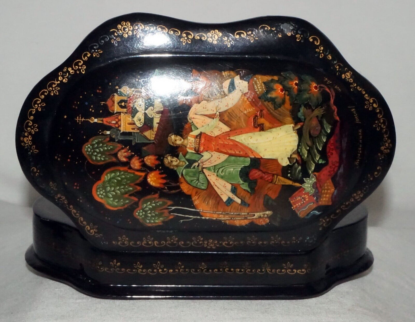 Vintage Russian Hinged Top Lacquer Box Figures in Landscape signed (AHB)