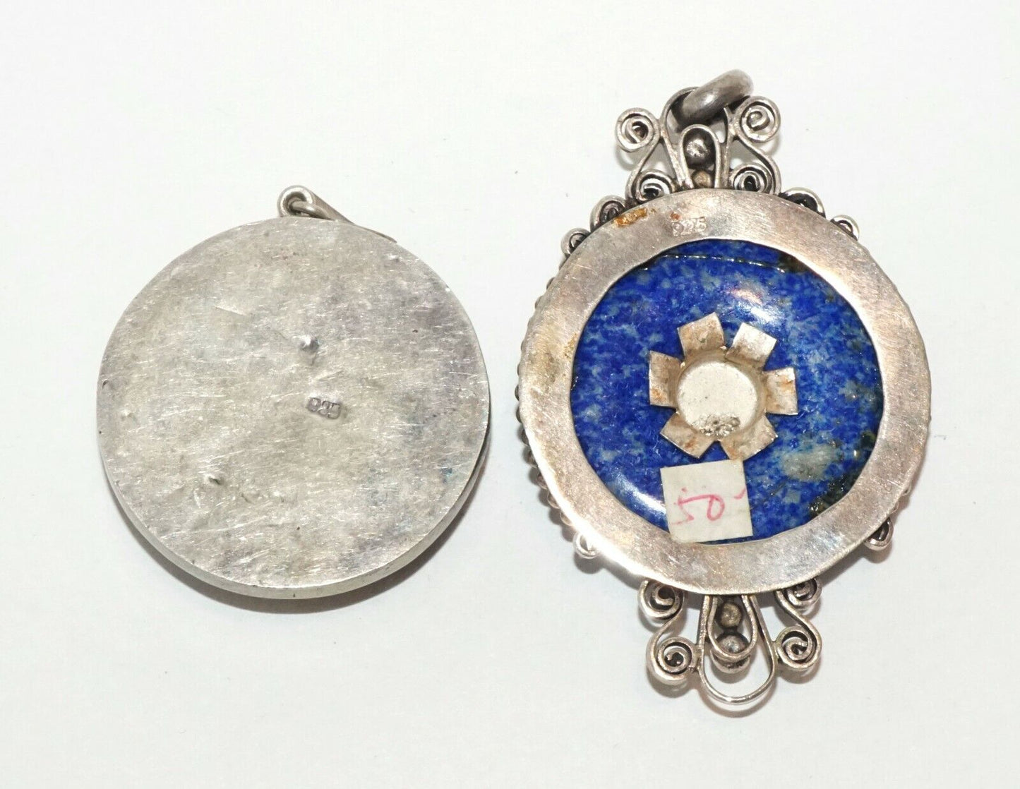 2Pc Vintage Sterling Silver Pendants w. Lapis Lazuli & Sodalite & Pearl (HaL)#18