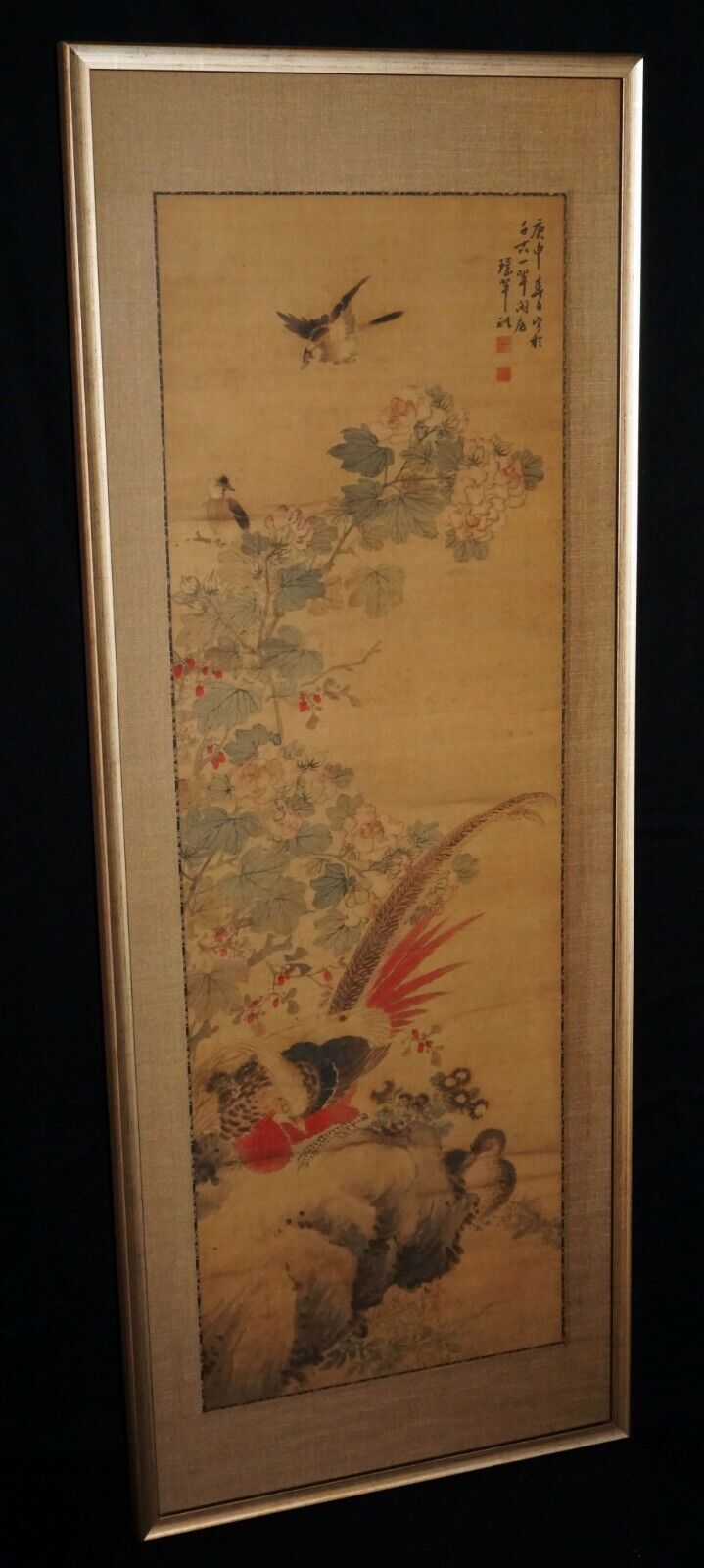 1800 Chinese Framed Painting Scroll Birds on Flowering Branch by Huan Chi (CWo)