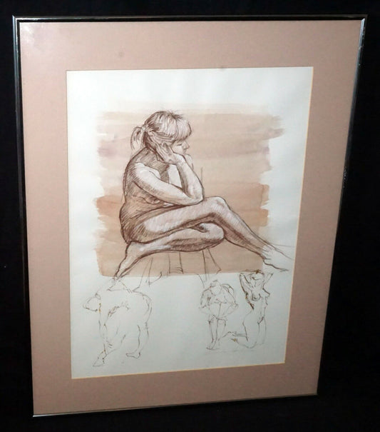 Hawaii Framed Conte Wash Drawing Painting Female Nude by Snowden Hodges (Sho)