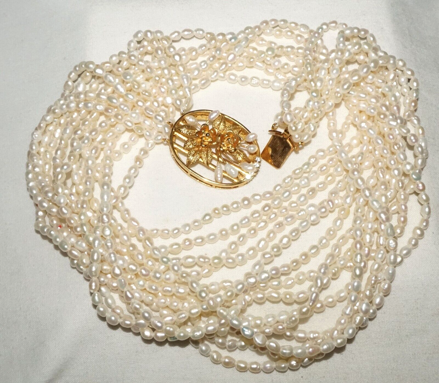 Vtg. 7x Strand Mini Baroque Pearl Necklace w. Gold Plated Floral Clasp (GoB) #20