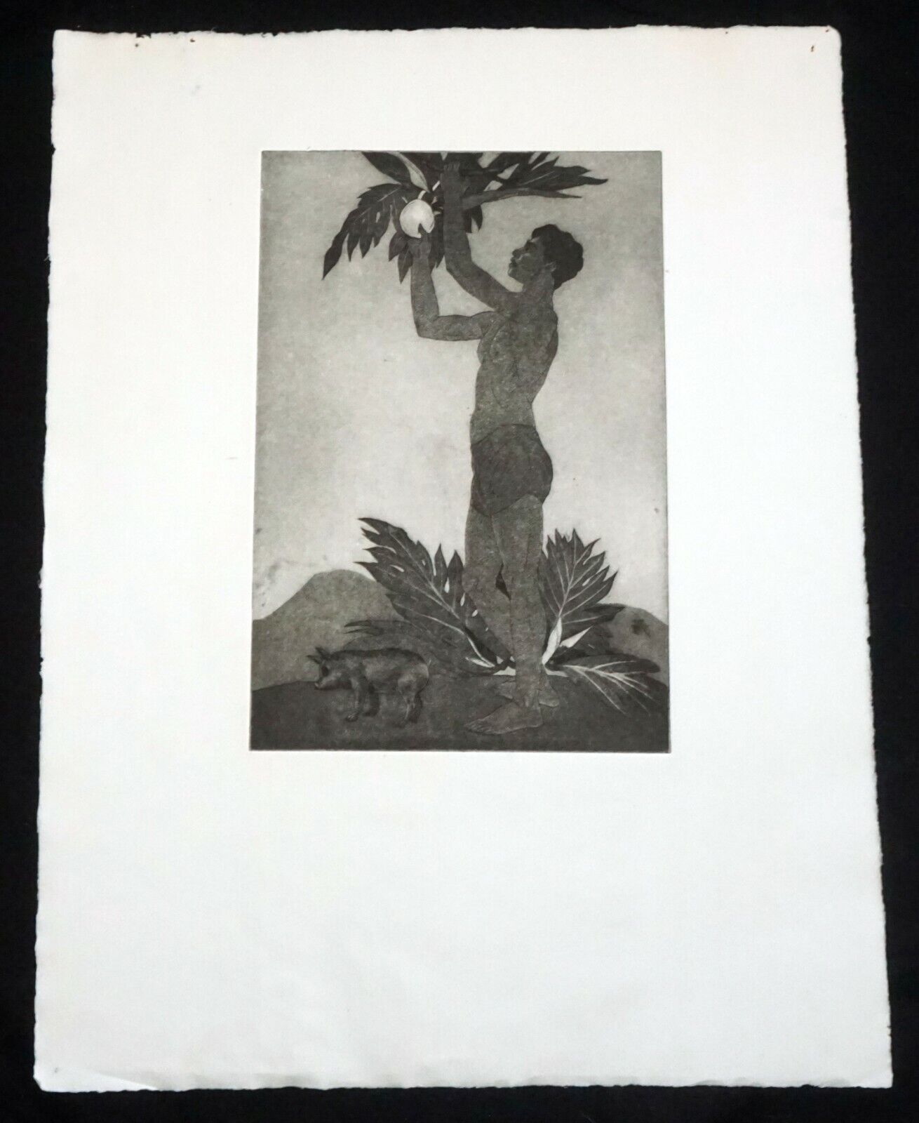 1939 Hawaii Etching Aquatint Print Breadfruit Boy by John Melville Kelly (Kel)