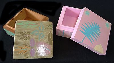 2x 1980s Haitian Wooden Covered Boxes w. Painted Floral Motif (Stea)