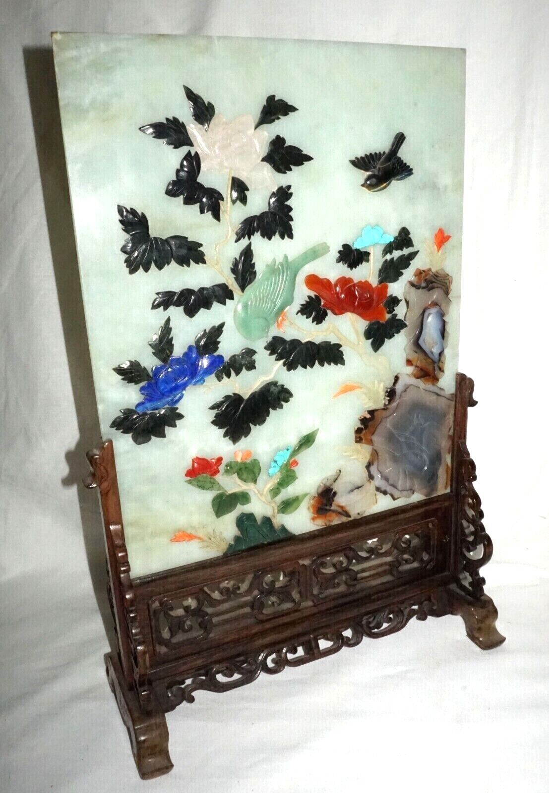 Vintage Chinese Serpentine Table Screen Gemstones Birds & Flowers on Stand (LeD)