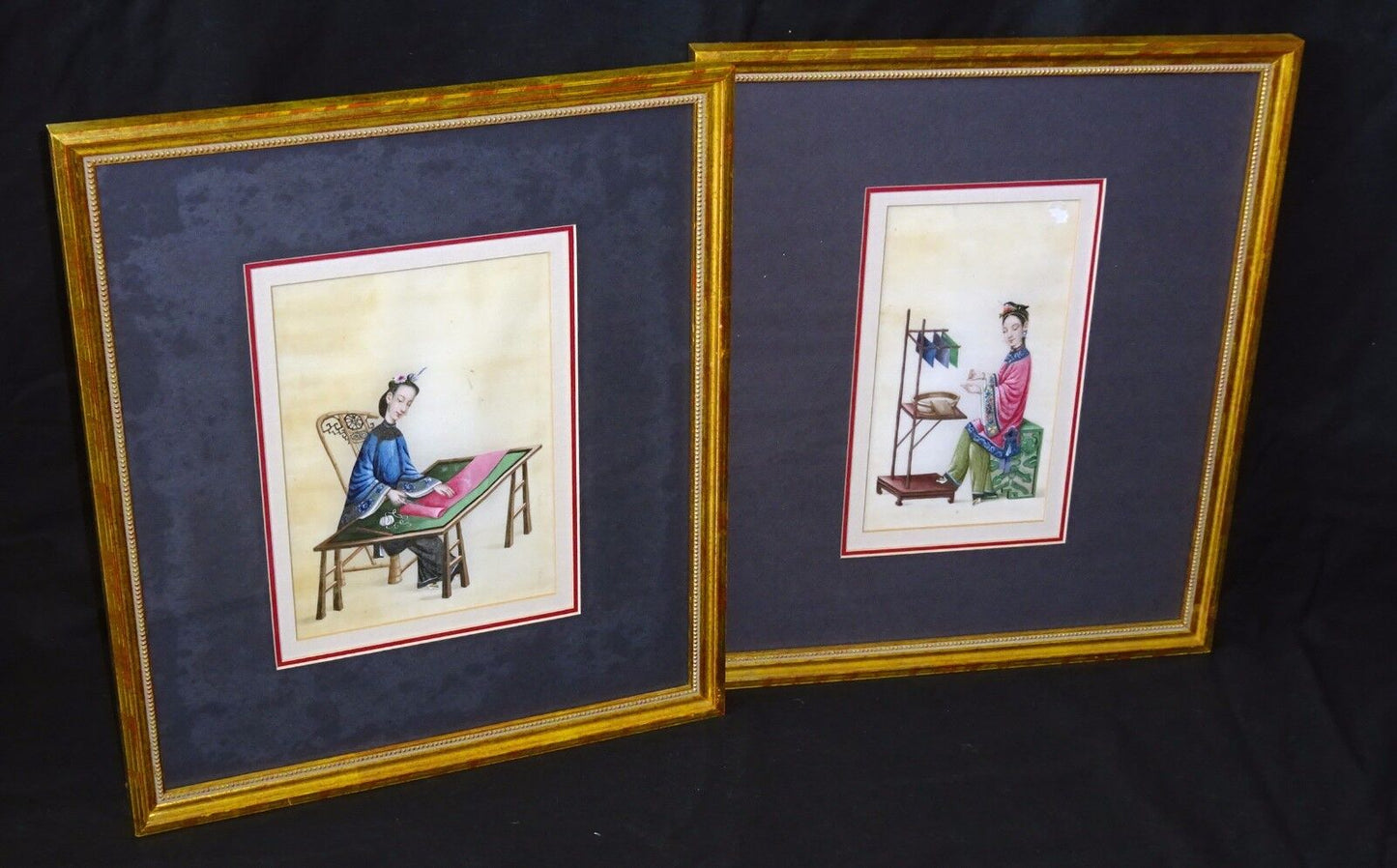 2x 19C Chinese Framed Qing WC Paintings on Pith of Seated Fine Ladies (Sul) G#1