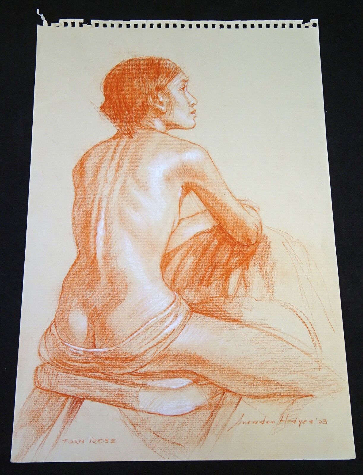 Hawaii Conte Drawing Painting Seated Nude "Toni Rose" by Snowden Hodges (Sho)