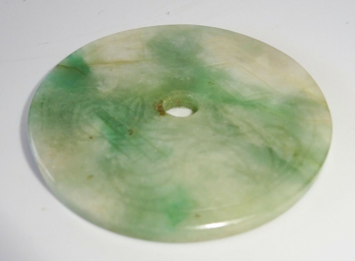 20C Chinese Jadeite Jade Incised Petal Motif Disk Carving (FeO) #37a