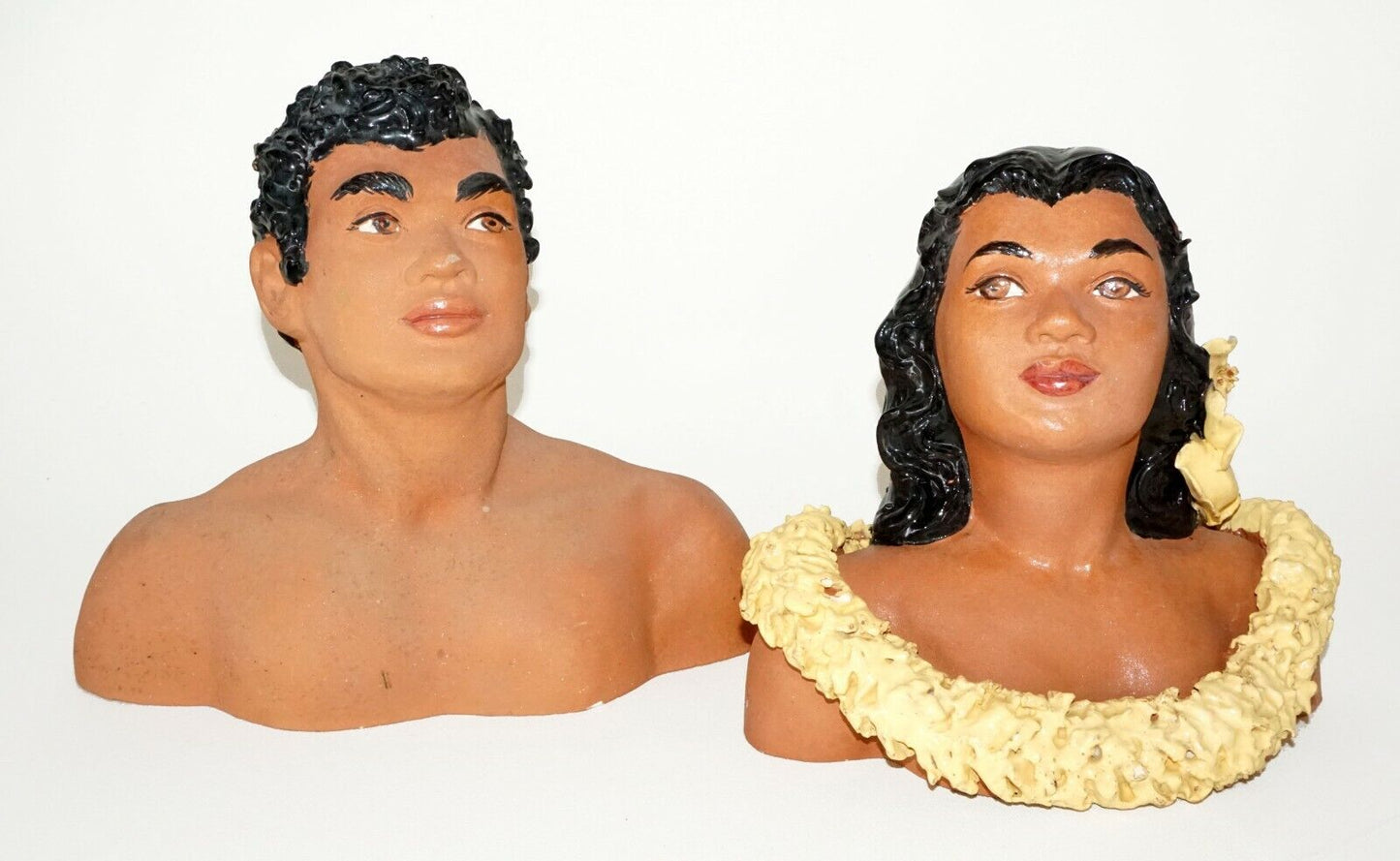 1950s Hawaii Painted Pottery Busts Kane & Wahine by Julene Honolulu Repair (BeG)