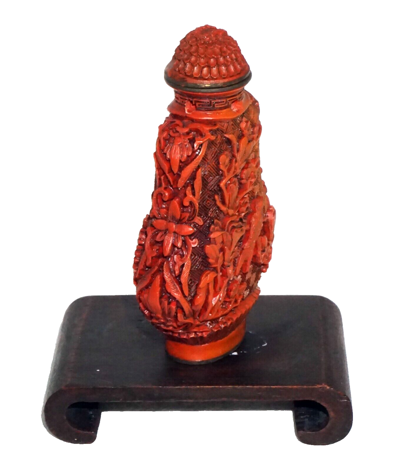 Chinese Cinnabar Style Carved Snuff Bottle w. Birds Motifs & Reign Mark (Kai)