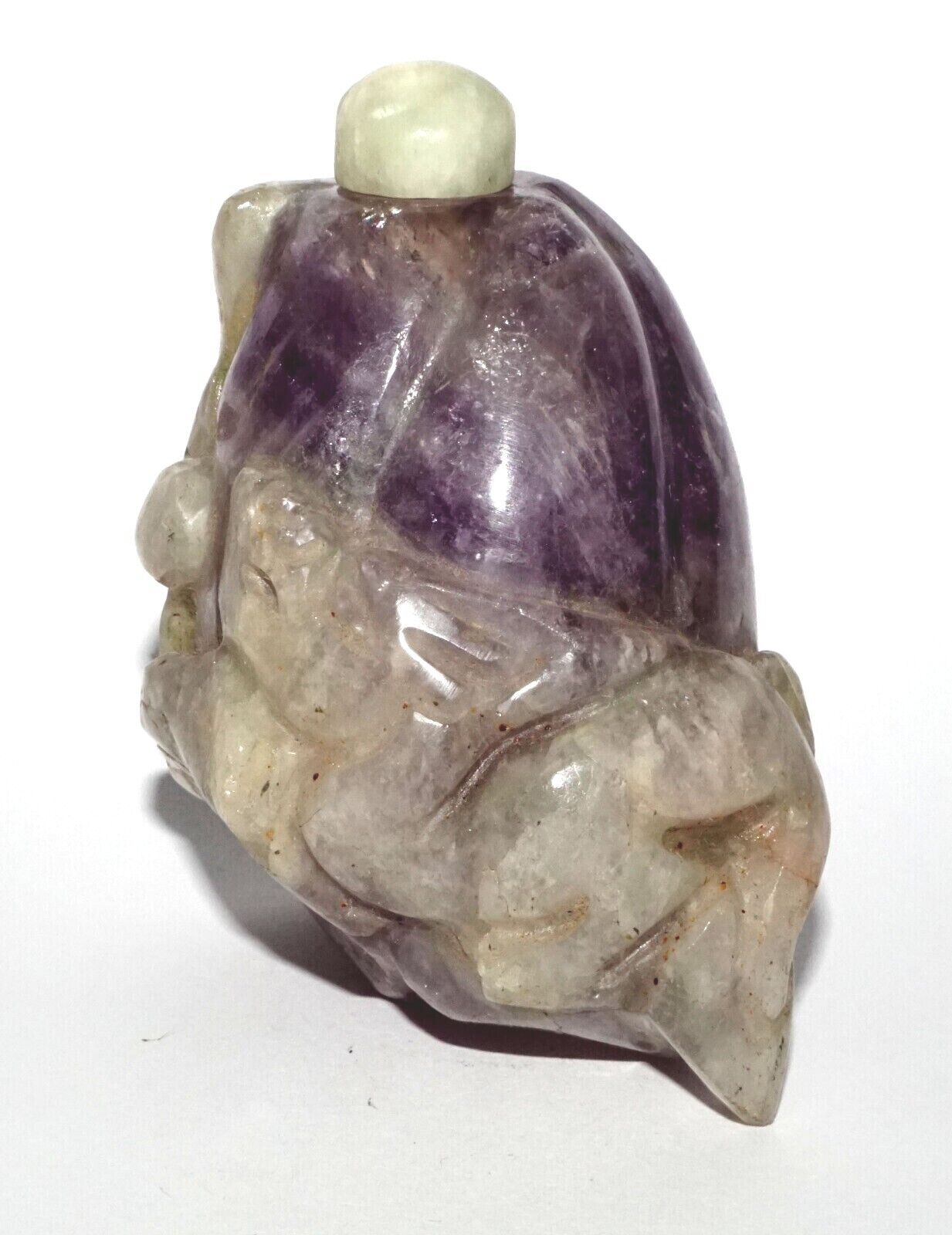 Vintage Chinese Purple Fluorite Carved Snuff Bottle w. Stone Stopper (LeS) G12