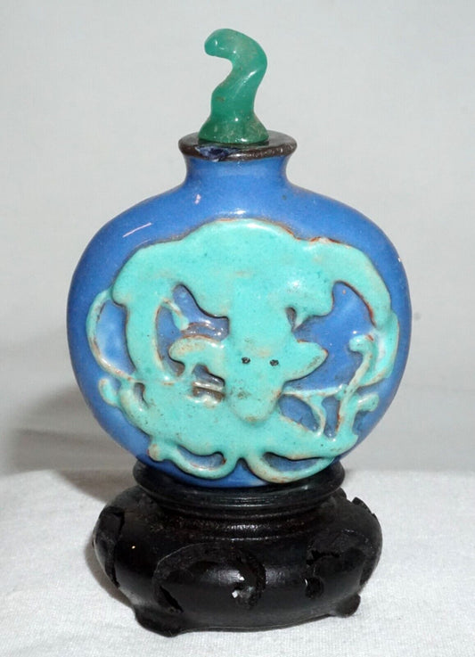 Vintage Chinese Blue Ground Porcelain Relief Dragon Motif Snuff Bottle (LLA) IC