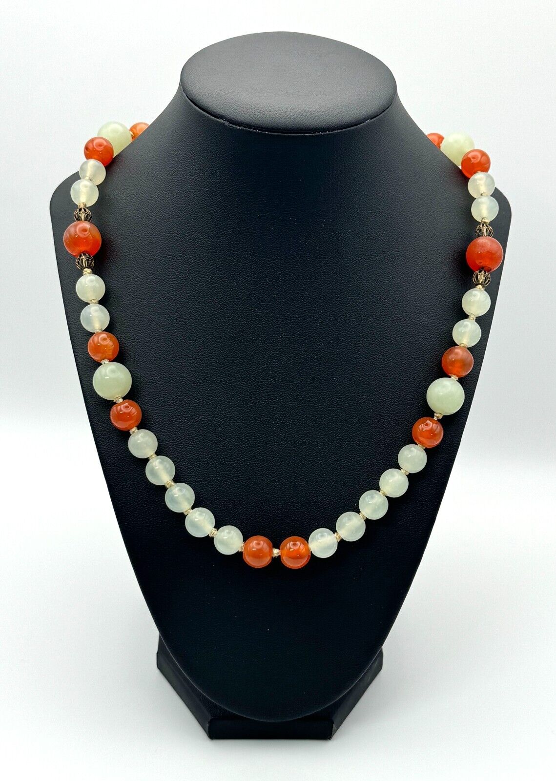 Vtg Chinese Celadon Jade & Carnelian Bead Necklace 27" w Filigree Clasp (MiM)