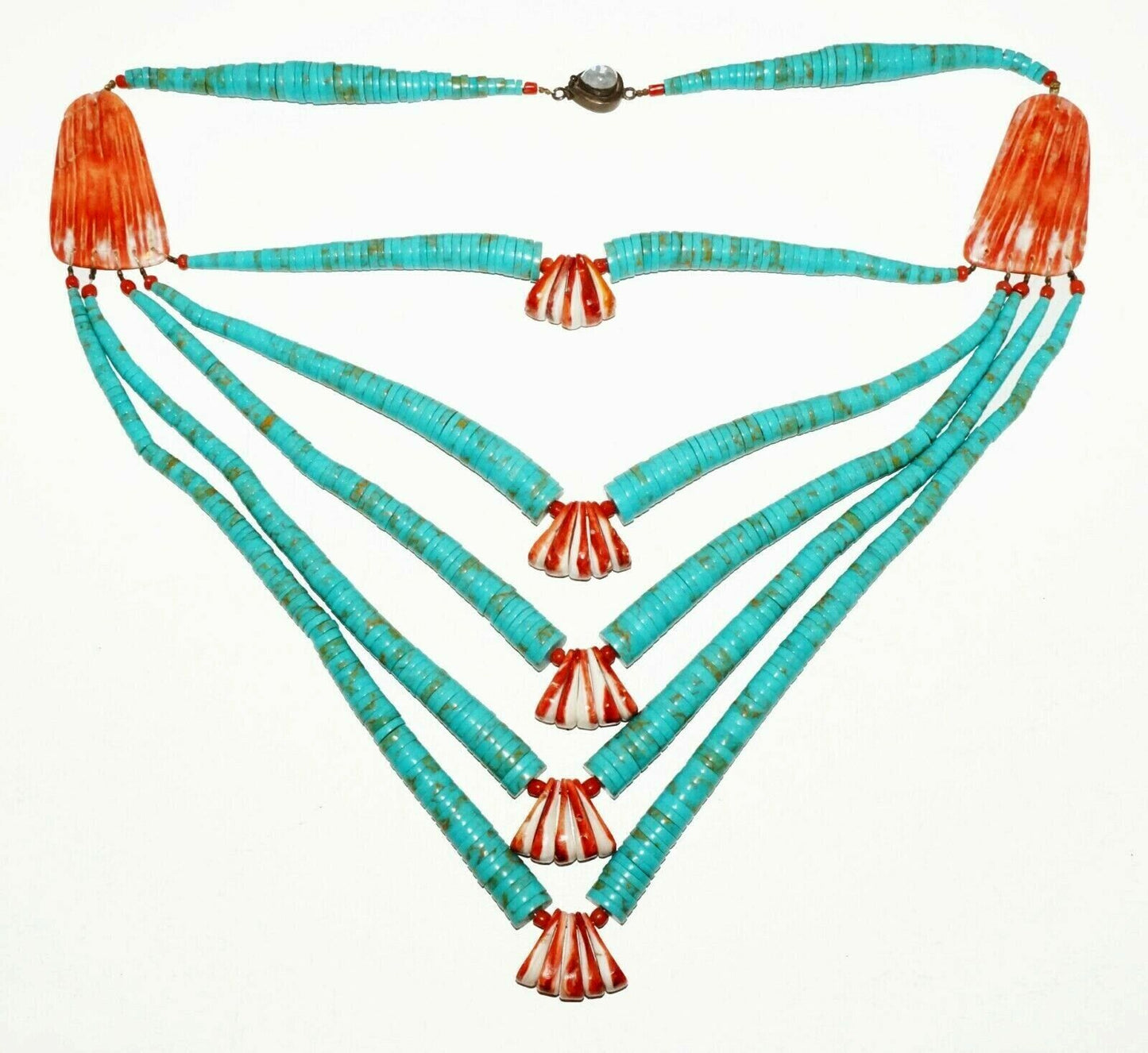 US Aboriginal Tribal 5 Strand Turquoise Bead & Red Shell Necklace (HaY)#20