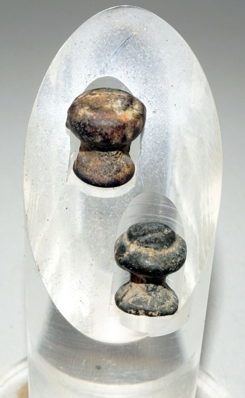 Thai Ayutthaya Period Molded Lead Ear Plugs on Acrylic Stand (Mil) #219