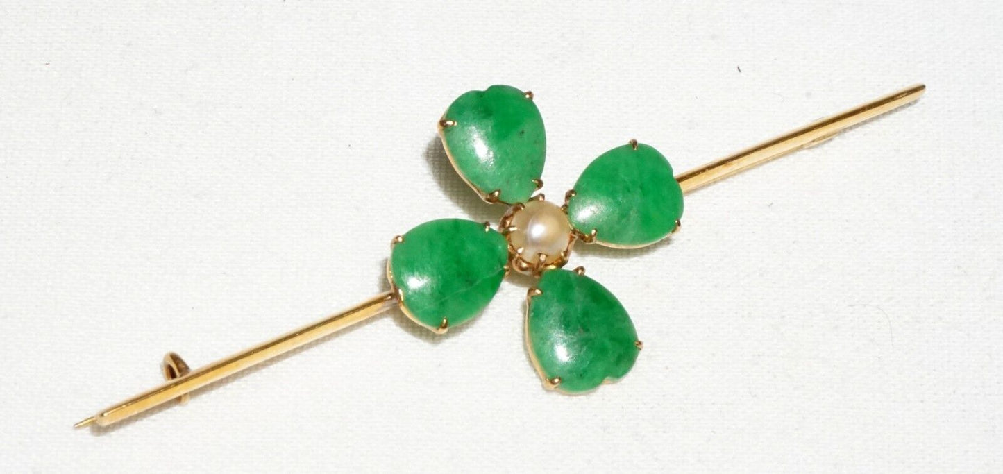 Vtg Chinese 18k Yellow Gold Four Leafed Clover Jadeite Jade & Pearl Brooch (InS)