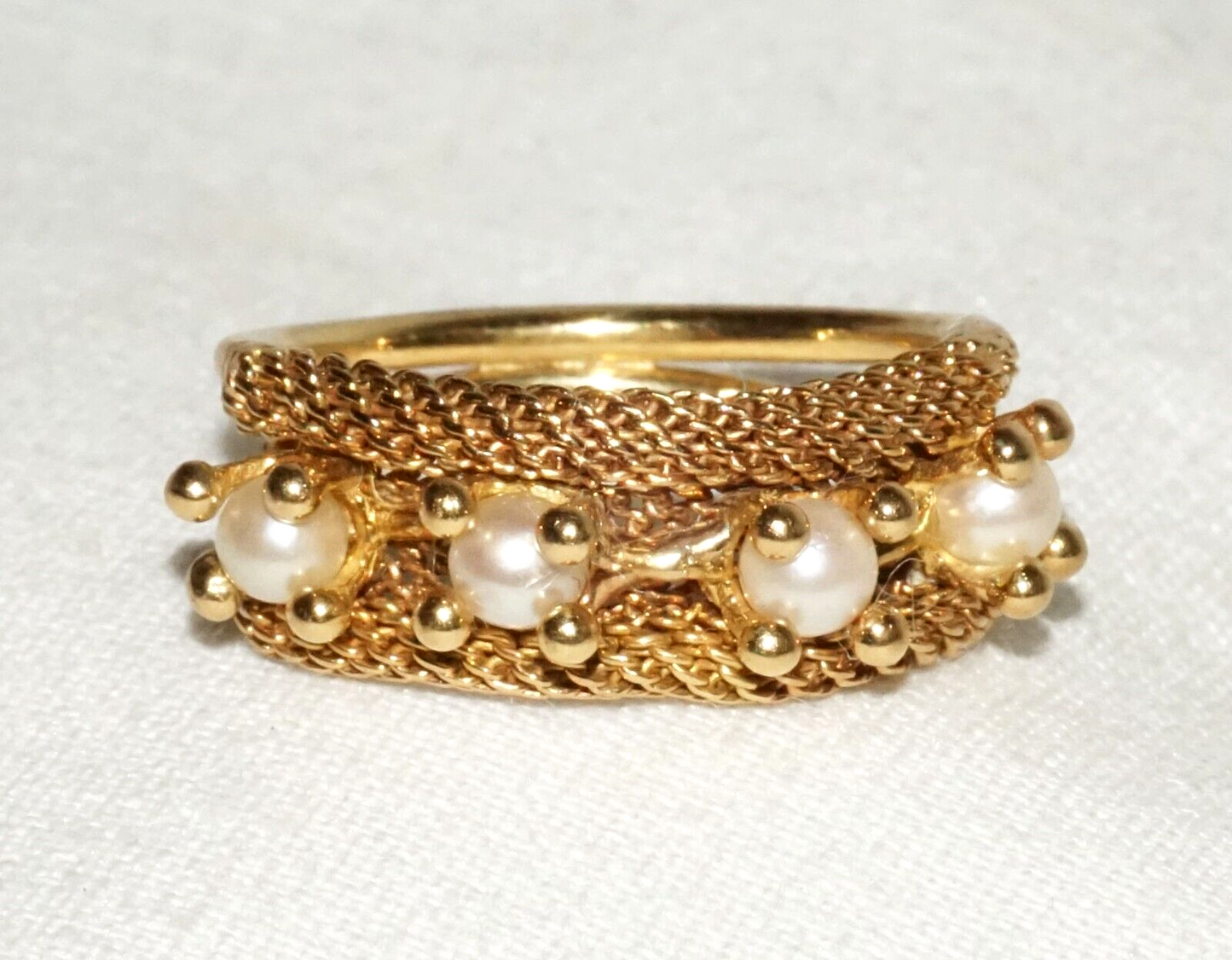 Vintage Yellow Gold Ring Sz.5 w. Woven Accent set w. 4x Pearls (BeM)#3