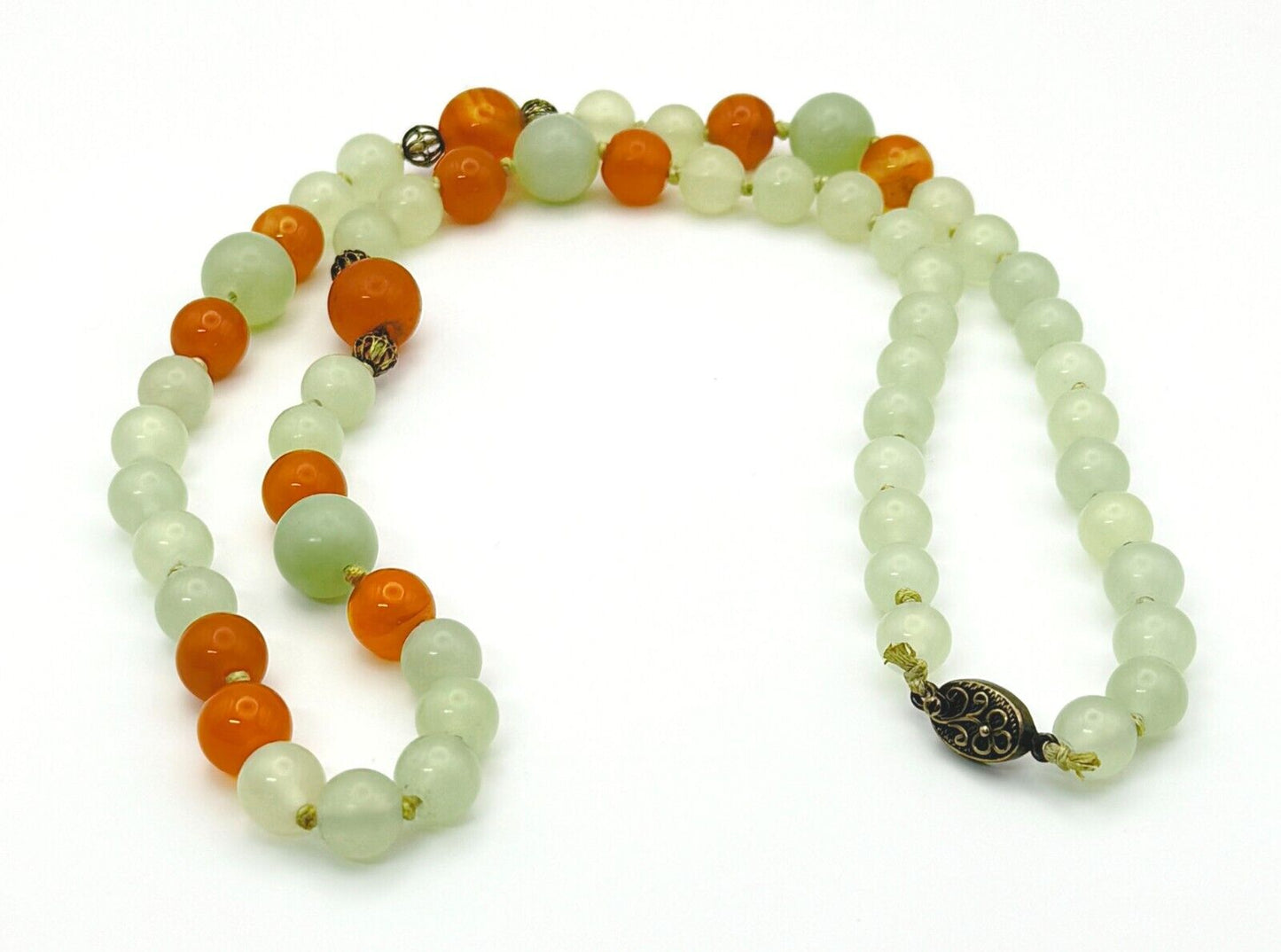 Vtg Chinese Celadon Jade & Carnelian Bead Necklace 27" w Filigree Clasp (MiM)