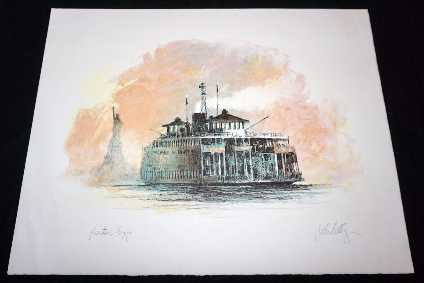 1970s N.Y. Lithograph Print P.C. "Fairy Boat & Lady Liberty" by John Kelly (Mod)