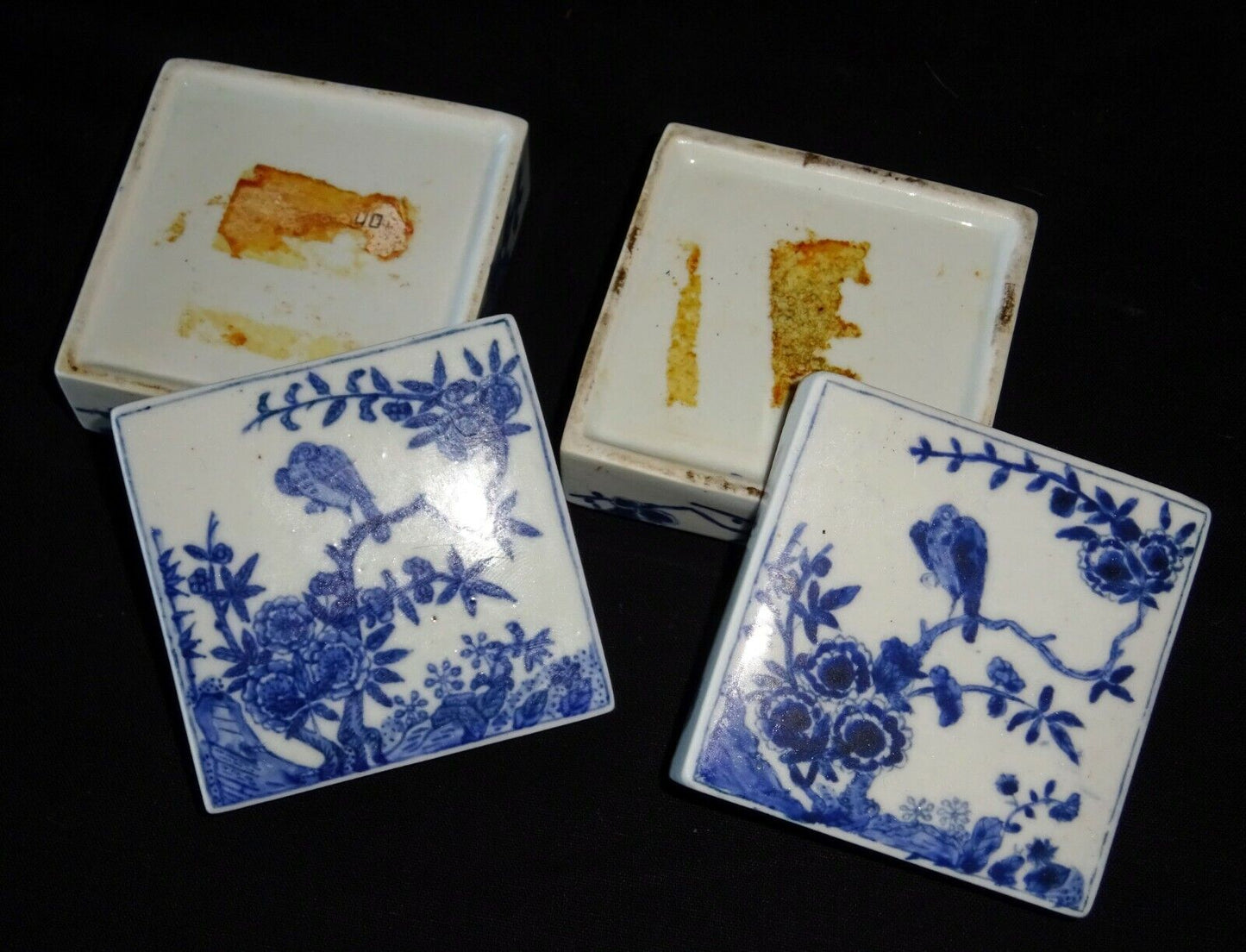 Pair 19C Chinese Blue & White Square Porcelain Boxes Bird & Flower Motif (HeN)