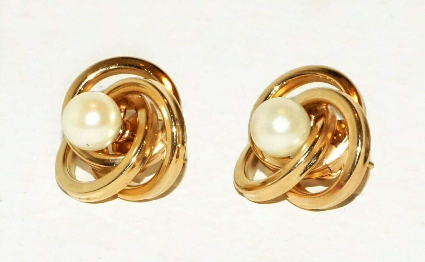 Pair Vintage 14K Yellow Gold Triple Ring and Pearl Design Earrings (HaL)#3