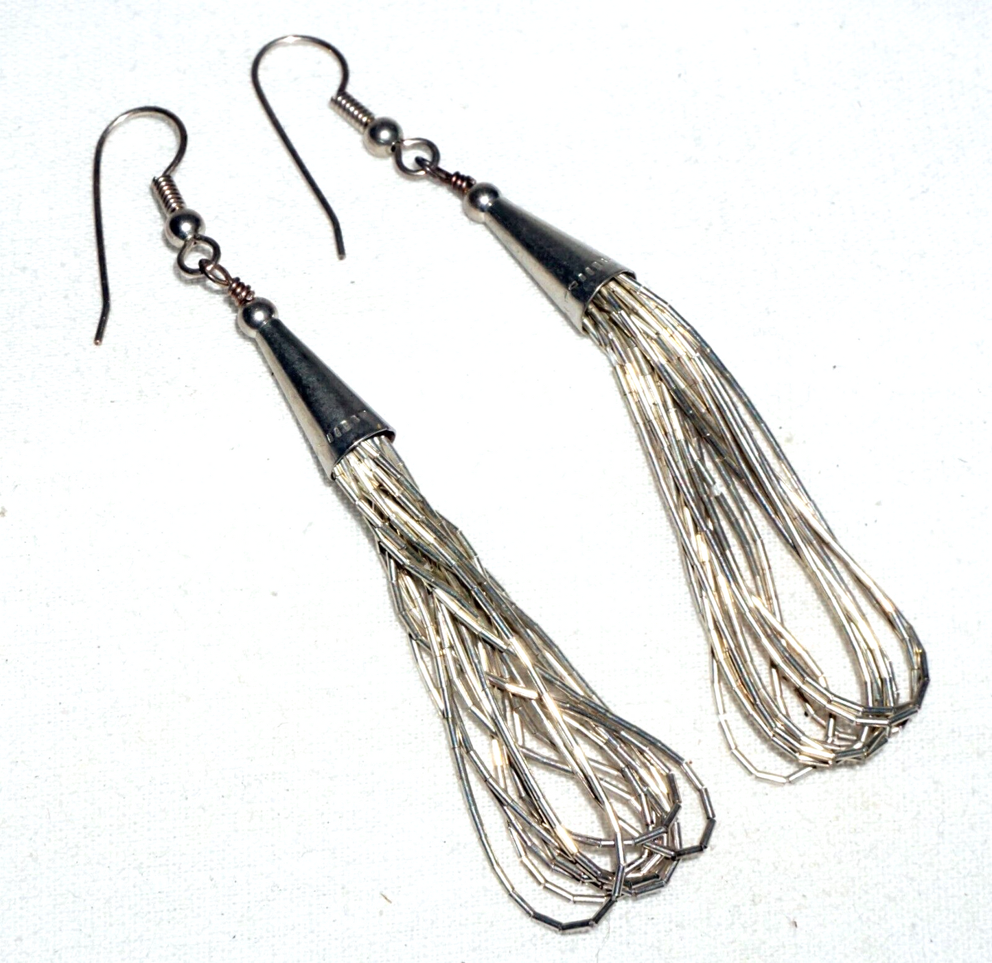 Vintage Unmarked Silver Alloy Dangle Earrings w. Tubular Bead Strands (---)