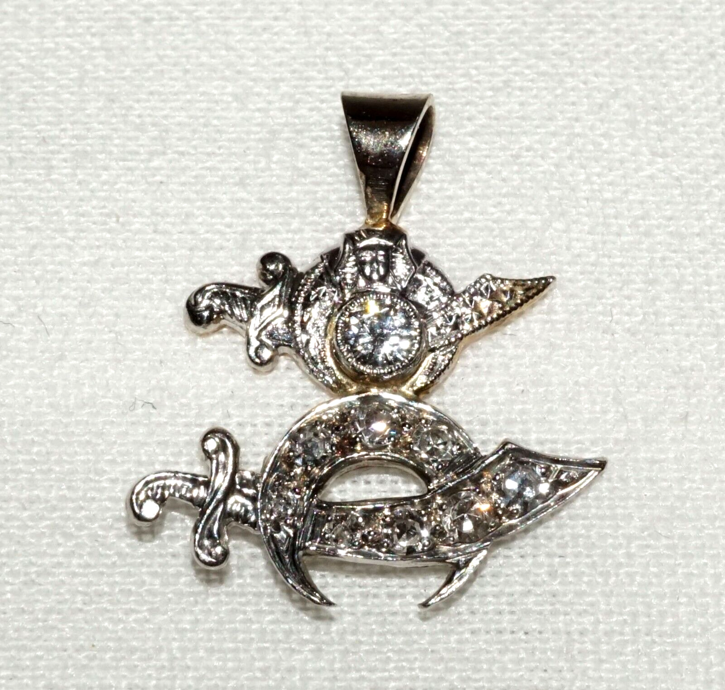 Vintage 14k Y&W Gold Mini Pendant Crescent Moon & Dagger Motif 7x Diamonds (ChR)