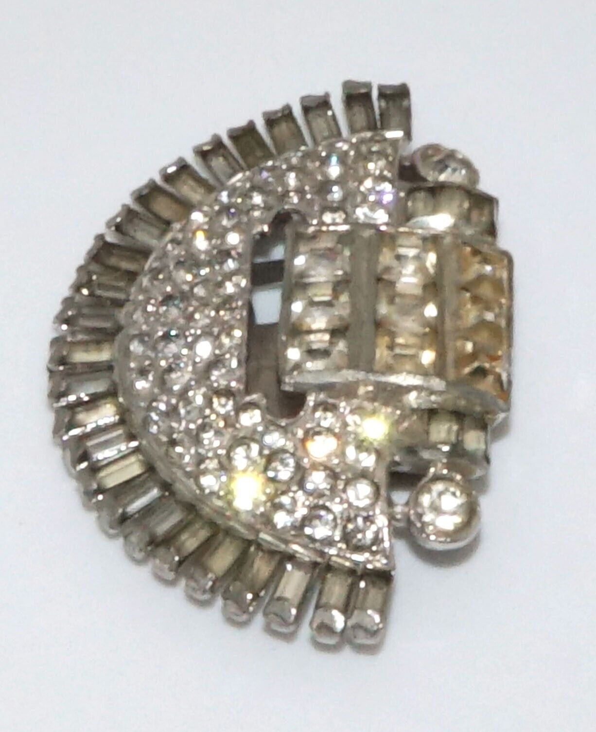 Vintage Silver Tone Rhinestone Dress Clip w Round & Square Stones (McC)