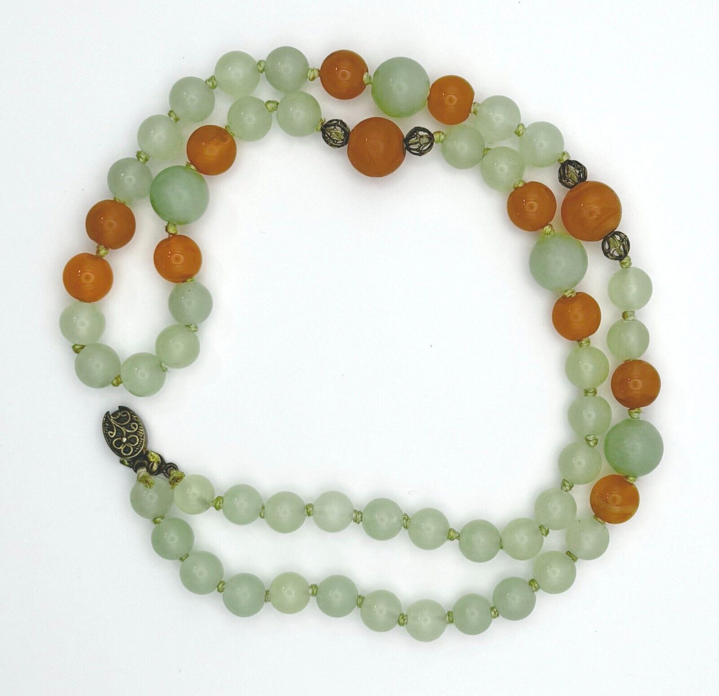 Vtg Chinese Celadon Jade & Carnelian Bead Necklace 27" w Filigree Clasp (MiM)