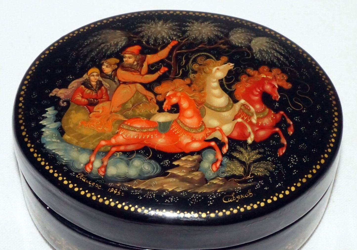 Vintage Russian Lacquer Box Three Figures in a Horse Drawn Sleigh signed (AHB)