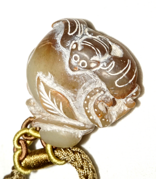 Vintage Chinese Soapstone Carving w Bat on Peach Motif & Cord Necklace (LeS)L20