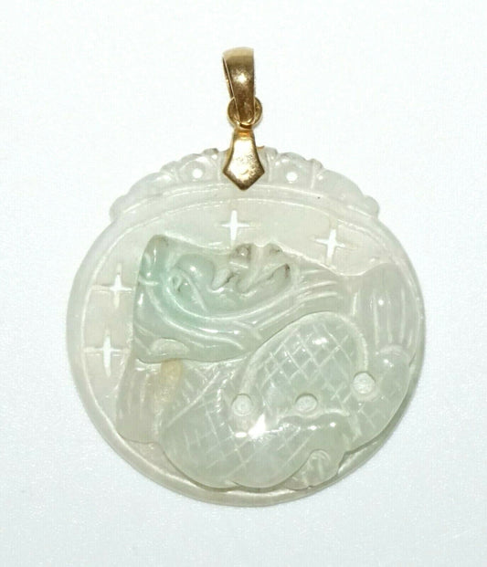 Chinese White & Green Pierced Jadeite Jade Dragon Motif Plaque Pendant (SaR)#289