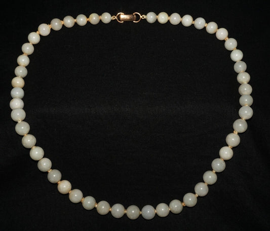 Vintage Chinese Off White Pale Green Jade Bead Necklace w. G. Plated Clasp (CoM)