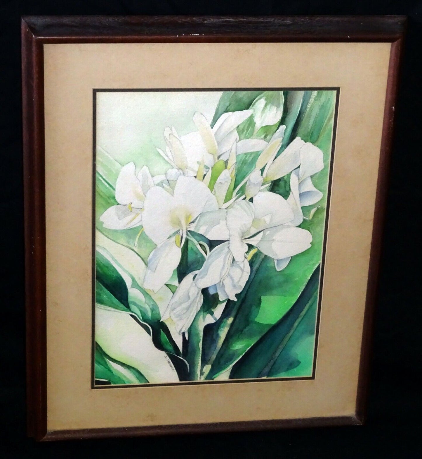 1970s Hawaii Koa Framed WC Painting "Ginger Flowers" by S. Yamauchi (StP)