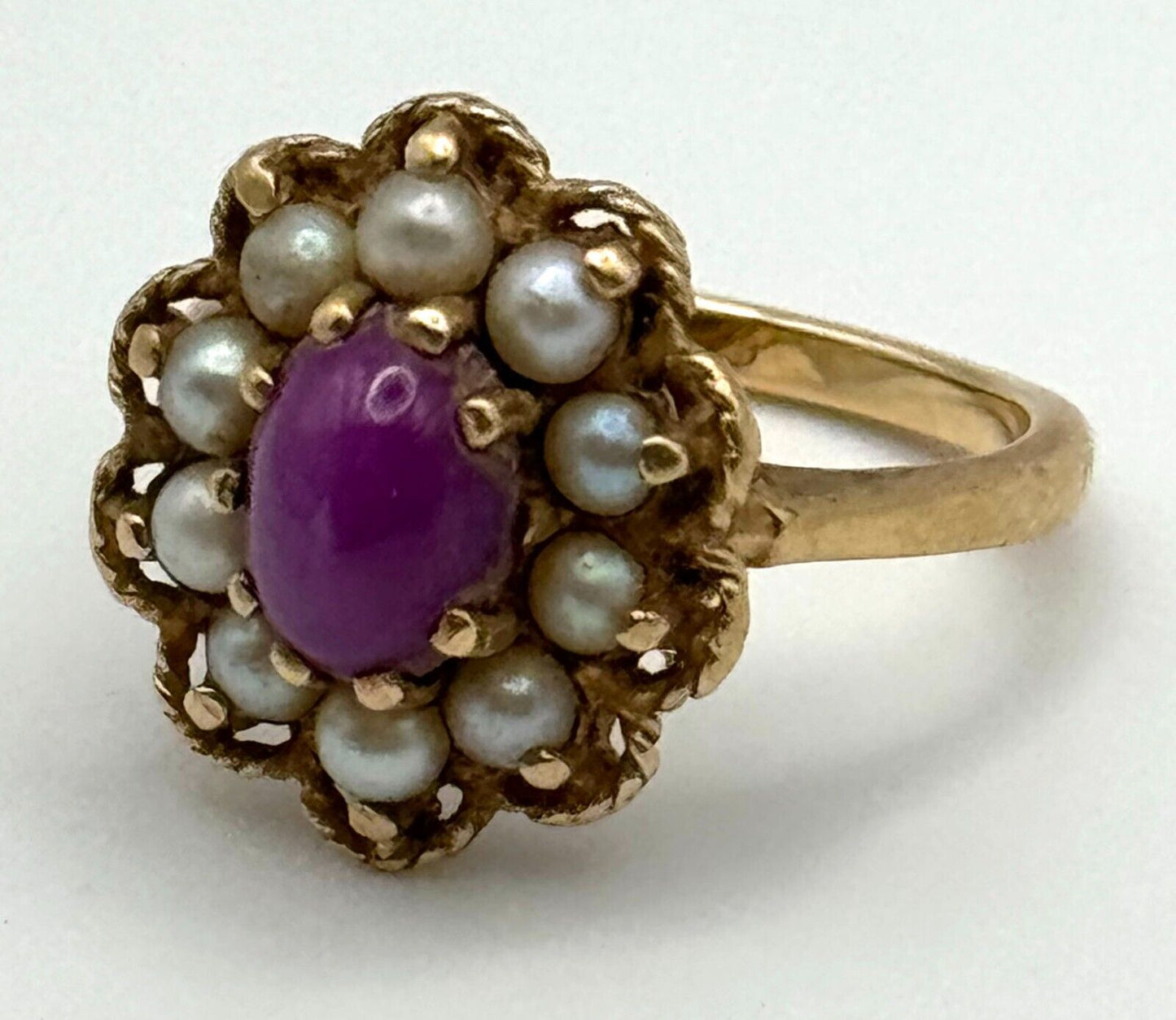 Vintage 14k Yellow Gold Ring Sz.6 w. a Ruby Cabochon & 10x Pearls (NeW)