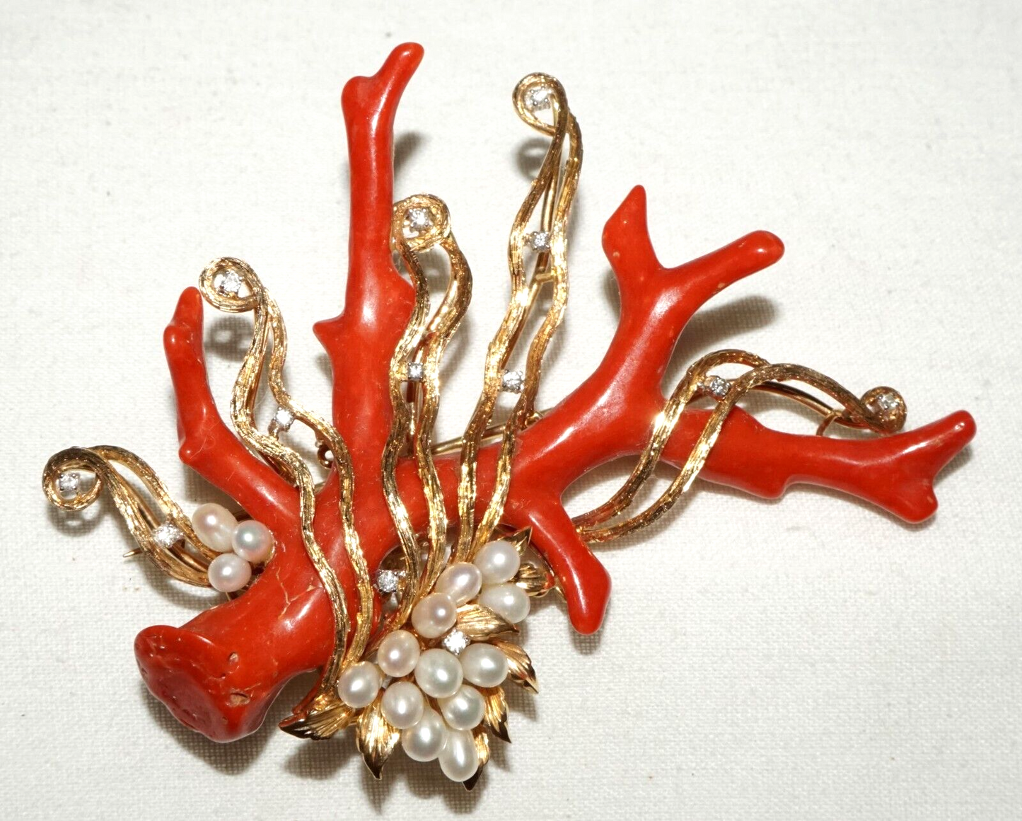 Vintage HK 14K Yellow Gold Brooch Pendant w Coral Branch Pearls & Diamonds (PaS)