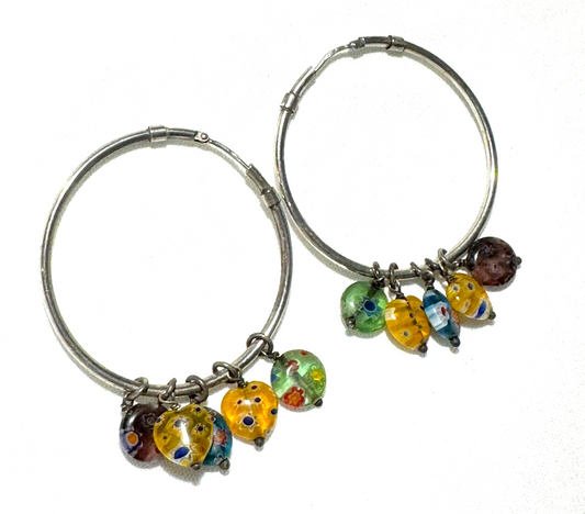 Vintage Unmarked Silver Hoop Earrings w. Multicolor Glass Charm Accents (LoC)17