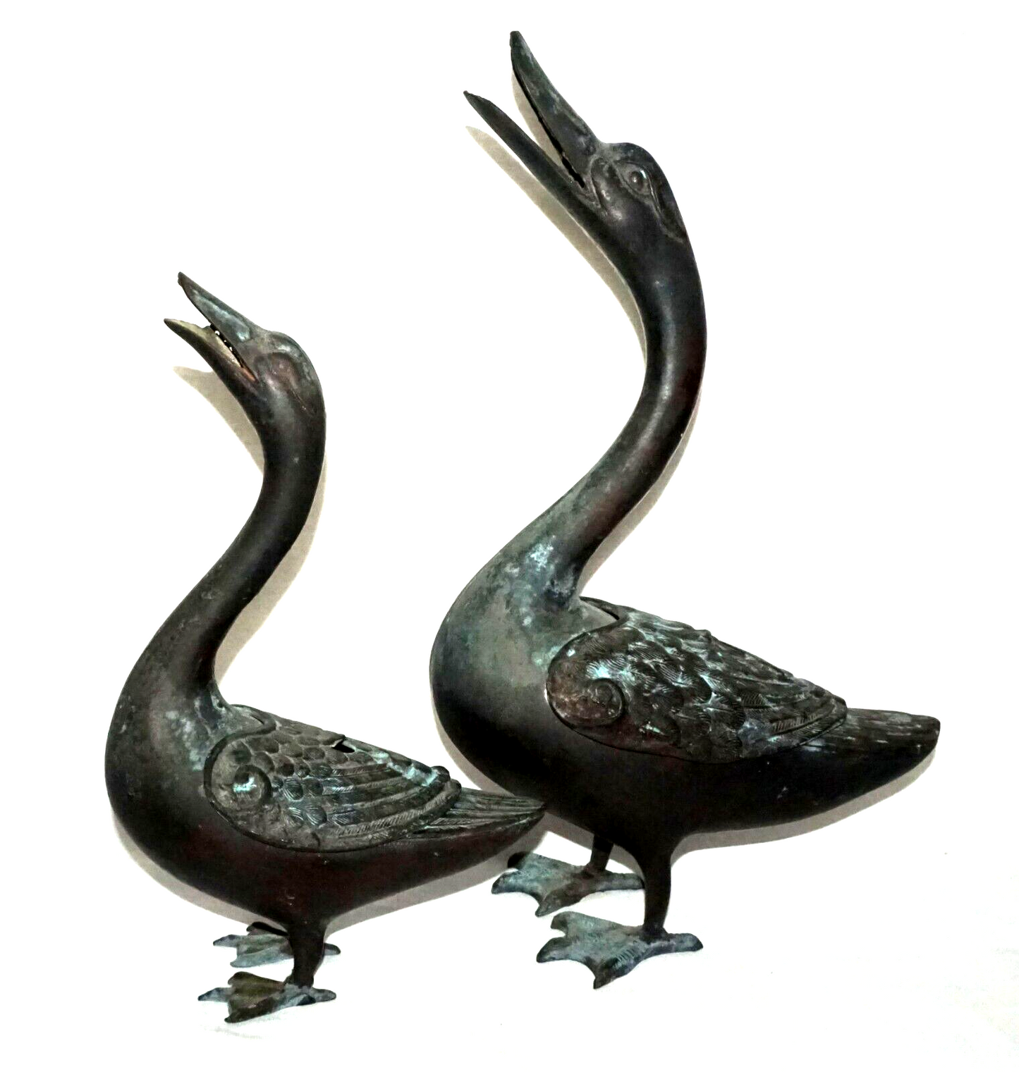 2Pc Chinese Bronze Incense Burners w. Squawking Geese Motif (NiC)