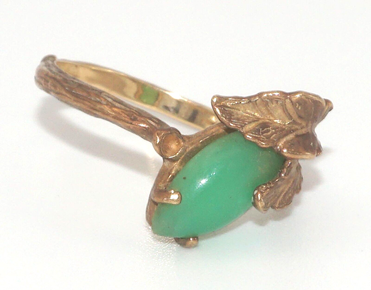 Vintage 10k Yellow Leaf Motif Ring Sz. 6 1/2 w Nephrite Jade Cabochon (NeW)