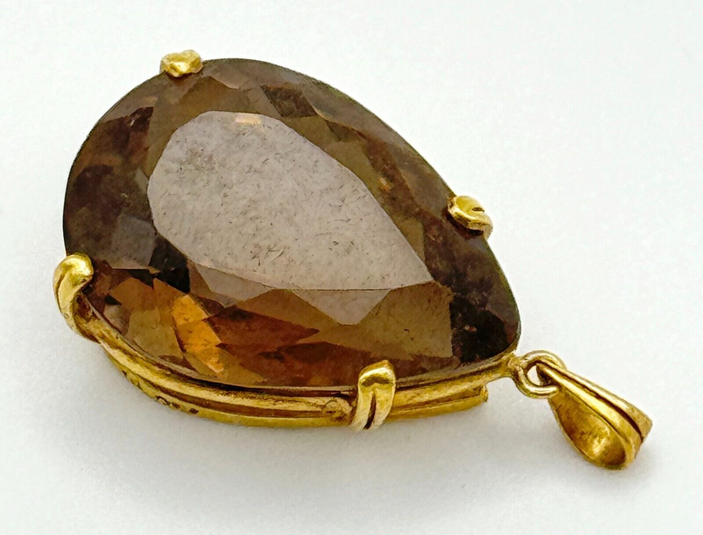 Vintage 14k Yellow Gold Pear-Cut Faceted Smoky Quartz Prong Set Pendant (McC)