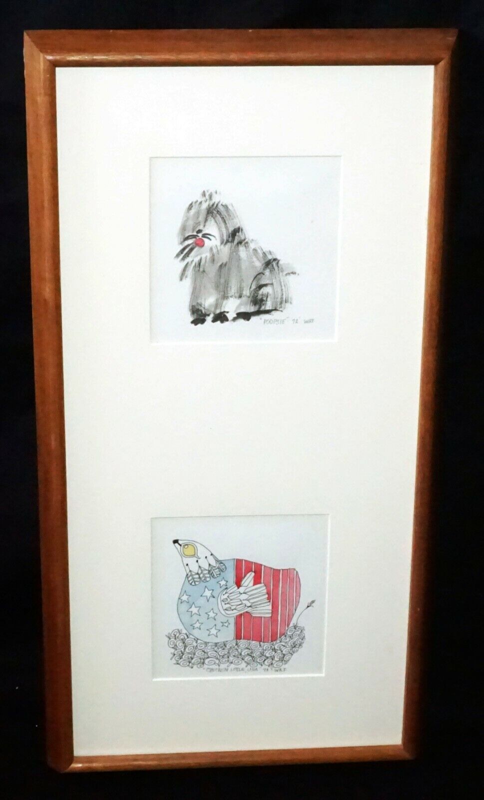 1972 US Koa Framed 2x Color Print Whimsical Grouping signed W.R.T. (CWo)