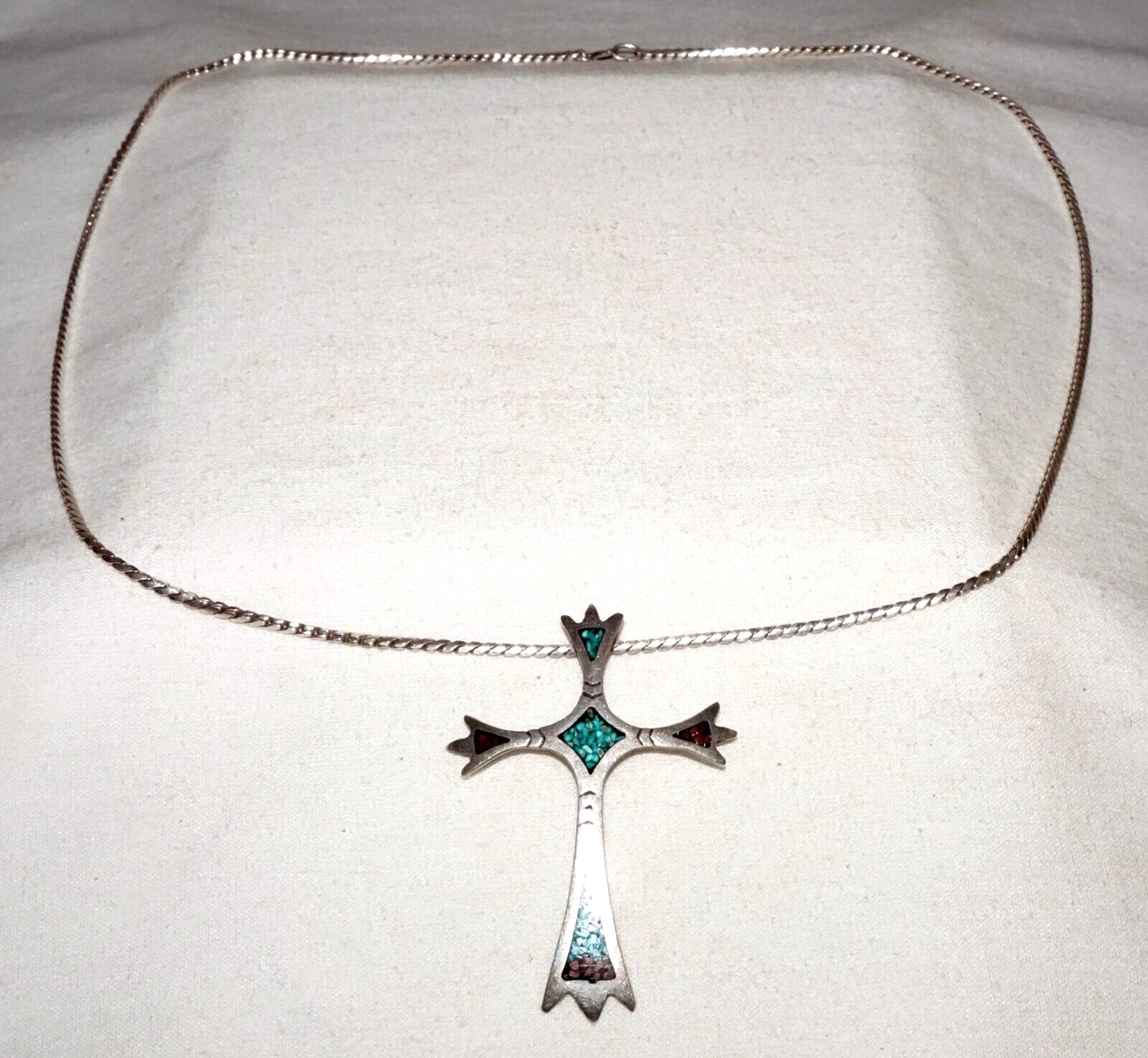 Vtg S.W. US Sterling Silver Necklace & Cross Pendant w. Turquoise & Coral (BeM)