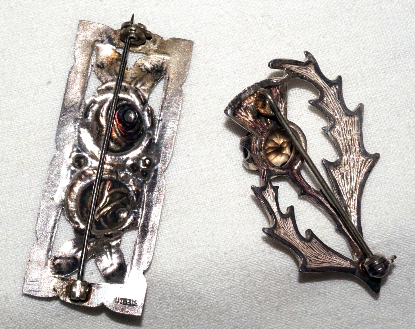 2Pc Vintage US/Scotland Sterling Silver Thistle & Quartz & Rose Brooch (KoS) L10