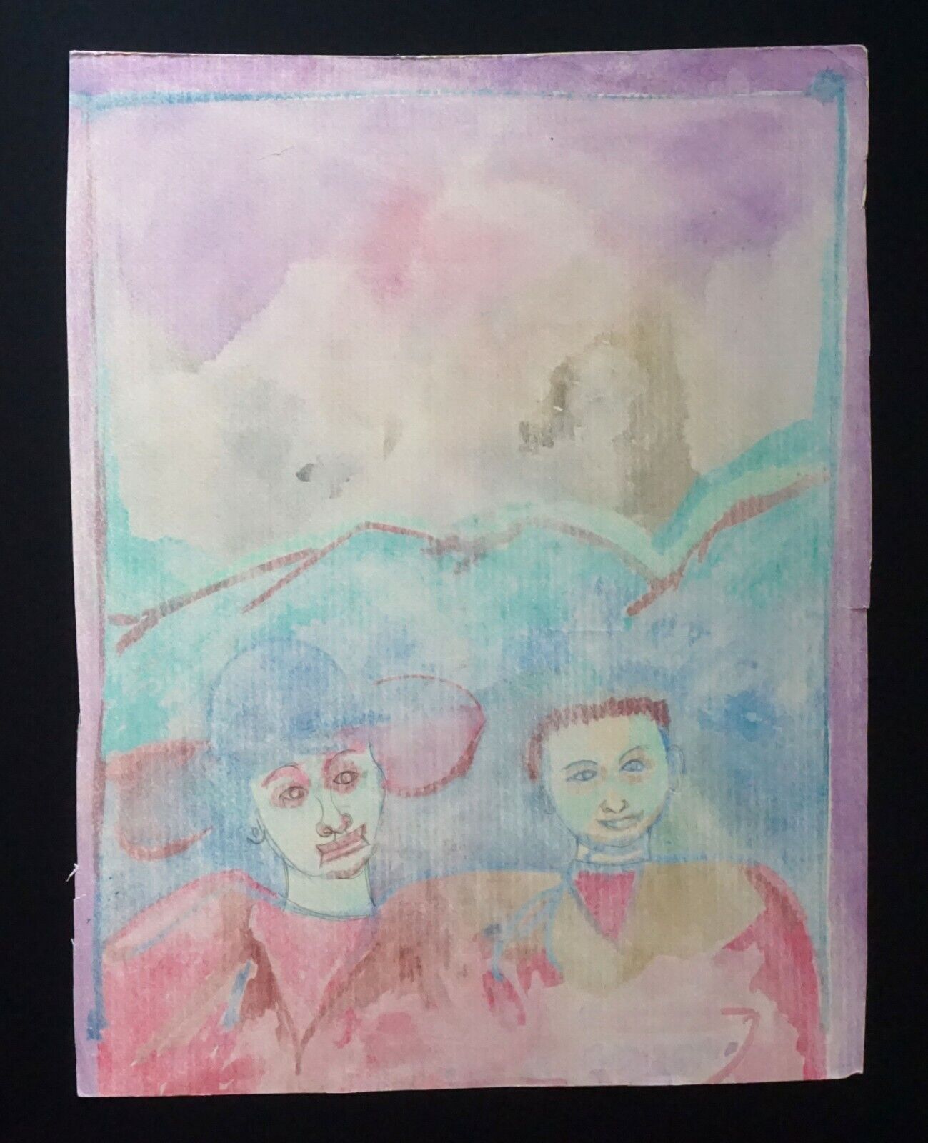 '80s France Hawaii Outsider Art WC Painting Mother & Son Claude Vedel (EtJ)#43