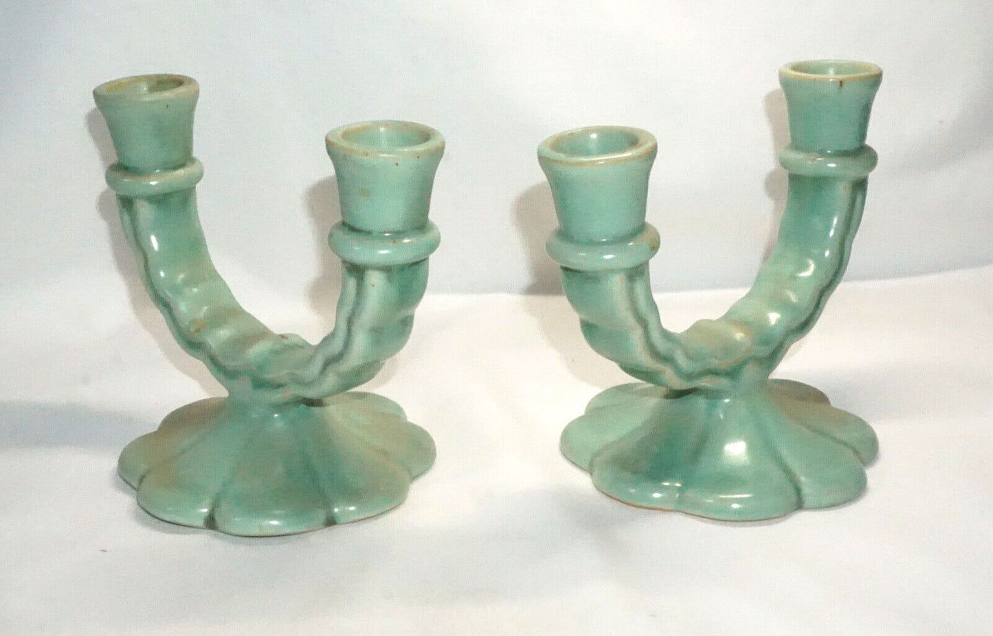 Vtg Pair Camark Pottery Light Aqua Teal Blue U-Shaped Dbl. Candleholders (NeW)