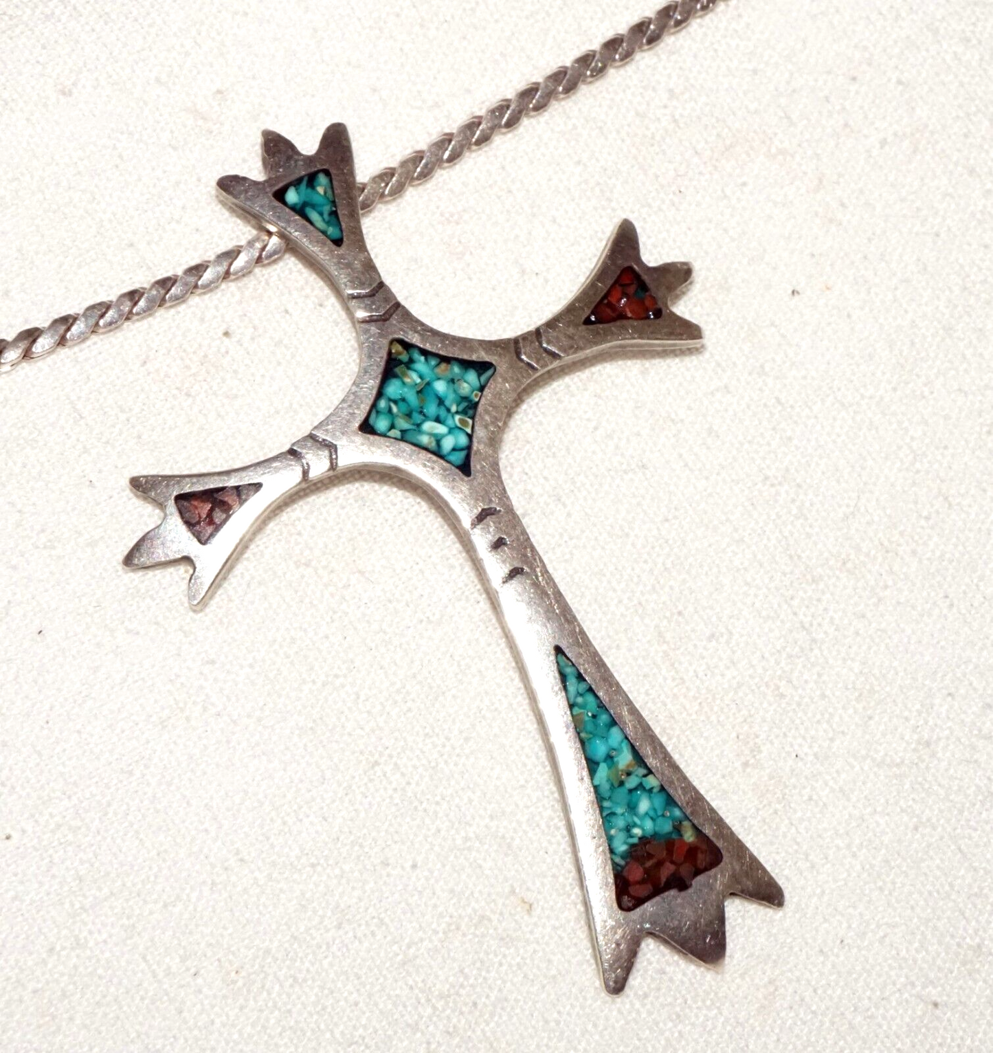 Vtg S.W. US Sterling Silver Necklace & Cross Pendant w. Turquoise & Coral (BeM)