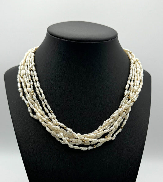 Vintage 8 Strand Seed Pearl Necklace 16" w 14k Gold Pierced Work Clasp (KnK)