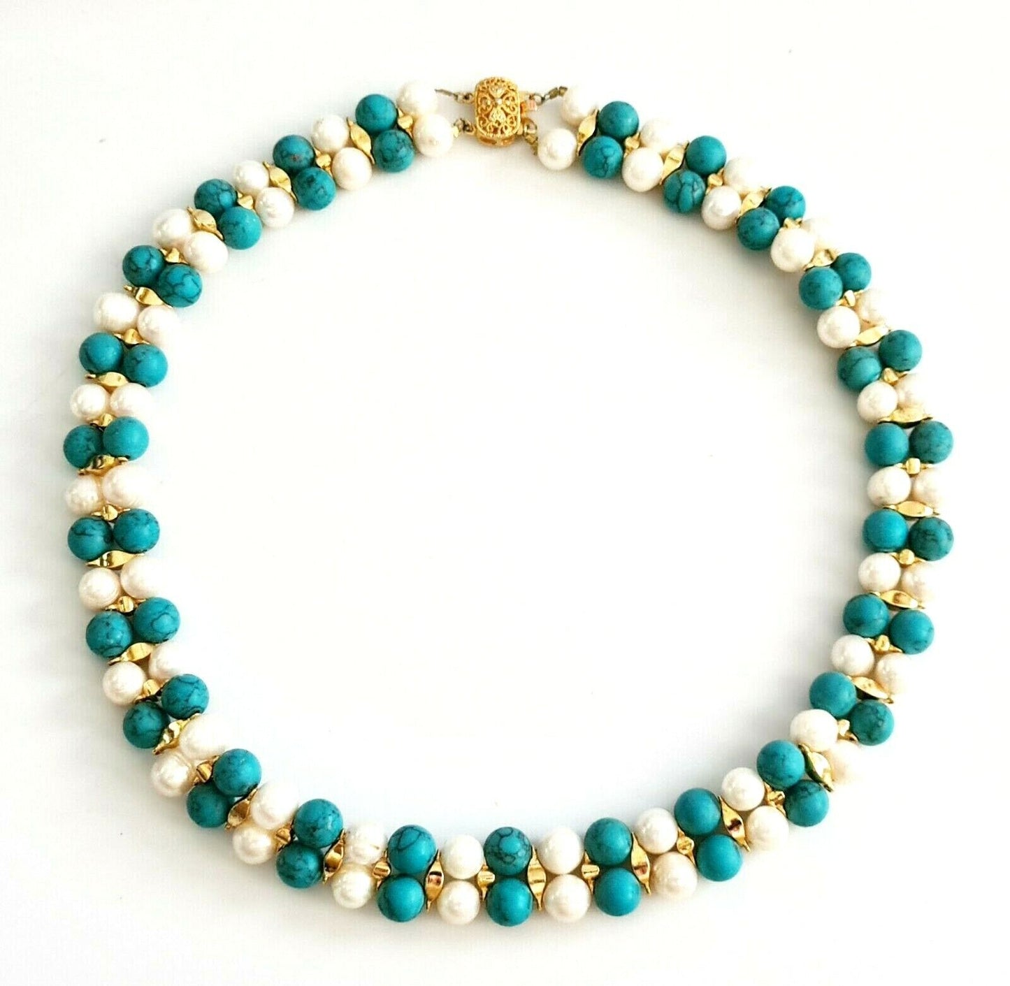 Vintage Turquoise Bead & Pearl Double Strand Choker Necklace w. G.P. Clasp (PaB)