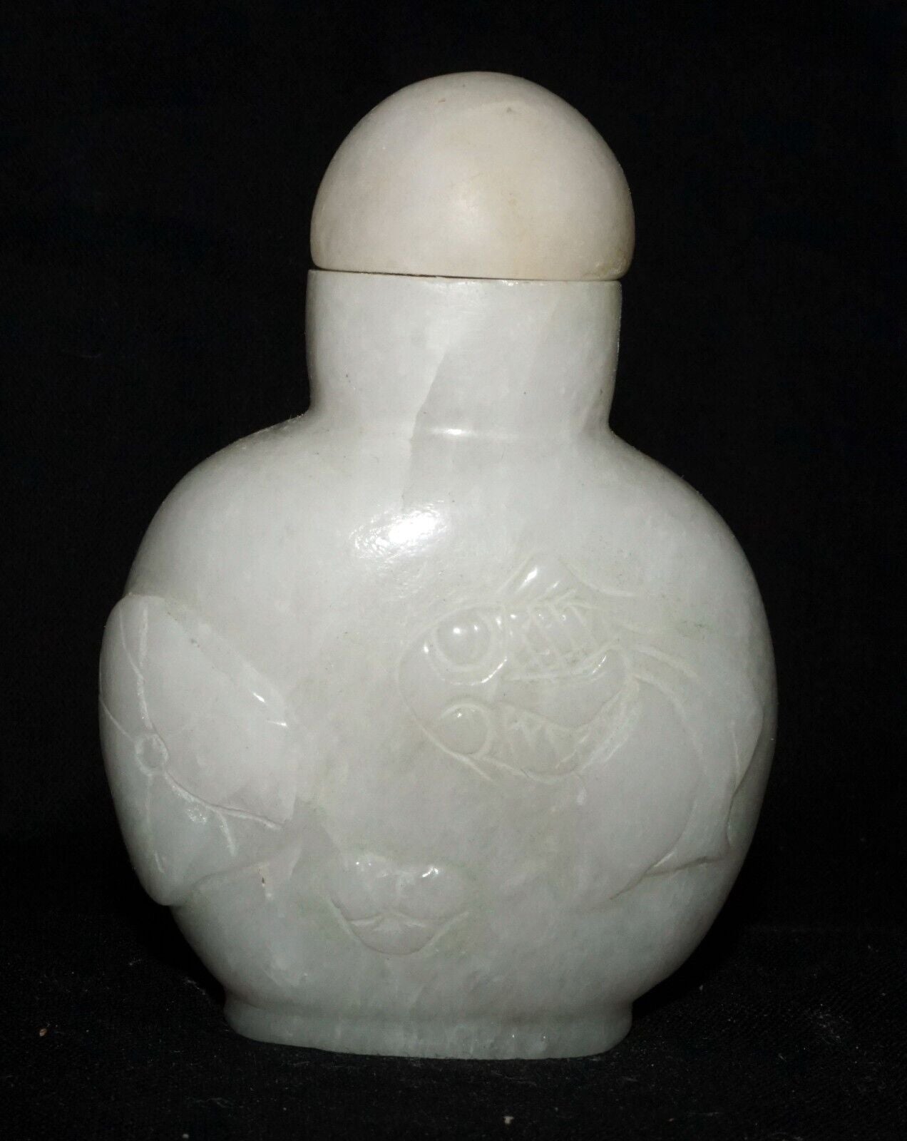 Vintage Chinese White Jadeite Jade Carved Snuff Bottle w Goldfish Motif(LeS) G11