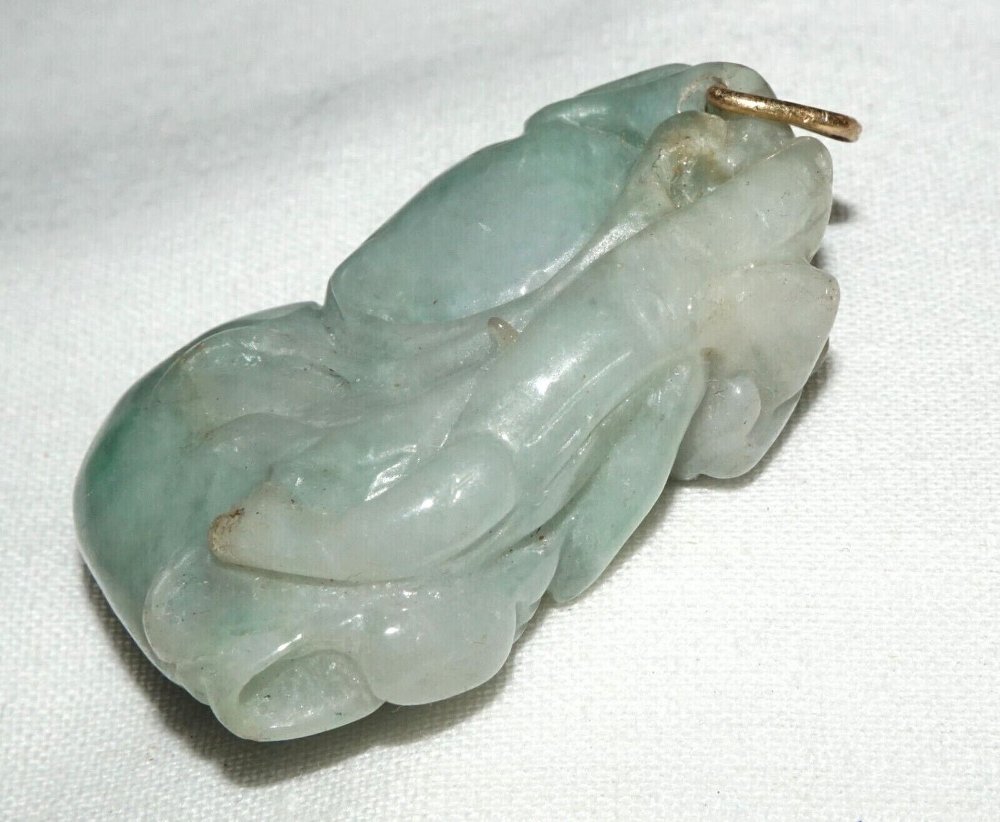 Vintage Chinese Double Gourd & Feline Motif Jadeite Jade Carved Pendant (AHB)