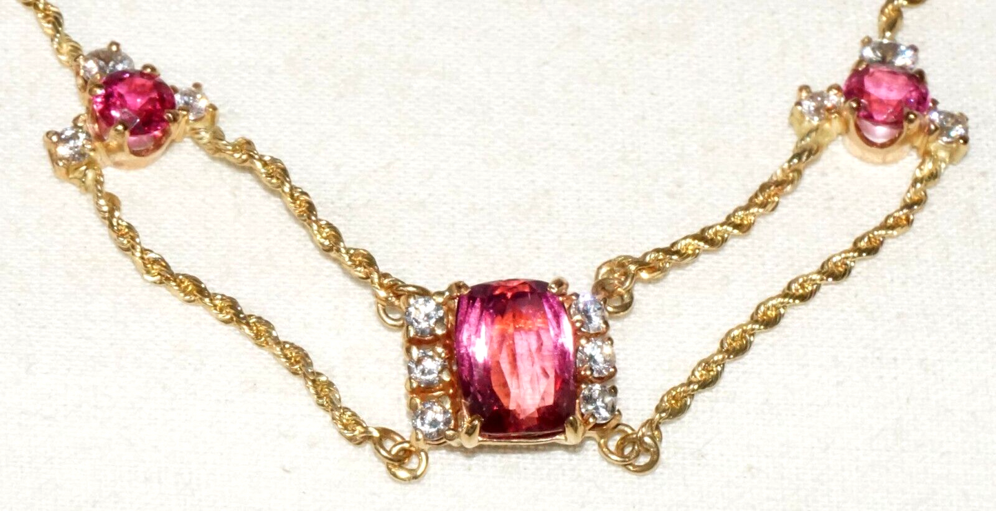 Vintage 14k Yellow Gold Rope Chain Necklace w. 3x Tourmalines & 12x CZ (GoB) #15